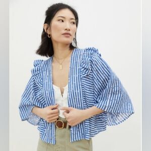 Anthropologie Blue White Striped Ruffle Sleeve Cropped Open Front Top OS